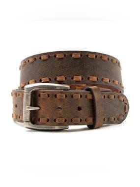 Lucky Brand Brown Genuine Leather Laced Edge Brass Tone Buckle Boho Belt